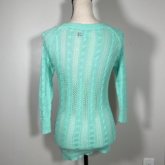 SO Teal Crew Neck Eyelet Embroidered Hem 3/4 Sleeve Pullover Sweater XS - Picture 12 of 12
